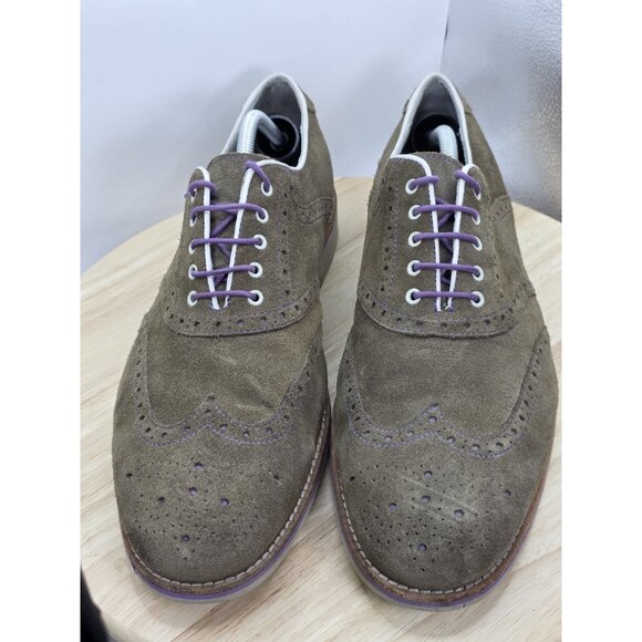 Johnston & Murphy Ellington Wingtip Oxford Shoes Mens 12 Suede Khaki/Purple - Picture 4 of 9